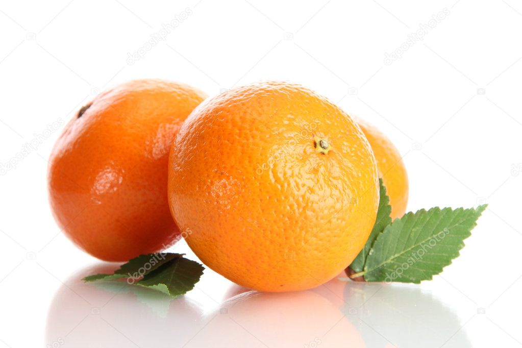 ripe tangerines with leaves isolated on white