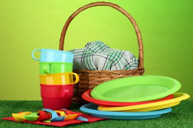 parlak plastik tek kullanımlık sofra ve piknik sepeti colorf çim üzerinde