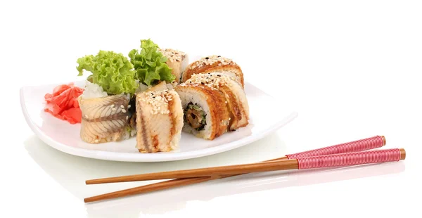 Tasty rolls served on white plate with chopsticks isolated on white — Stock Photo, Image