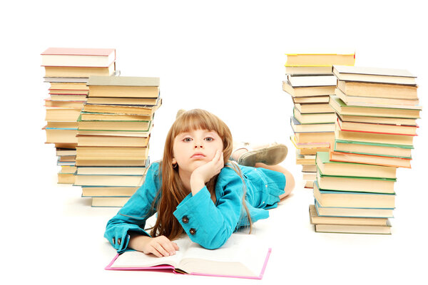 little girl with a books isolated on white