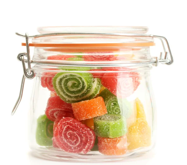 Colorful jelly candies in glass jar isolated on white — Stock Photo, Image