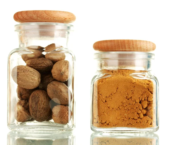 Powder spices in glass jars isolated on white — Stock Photo, Image