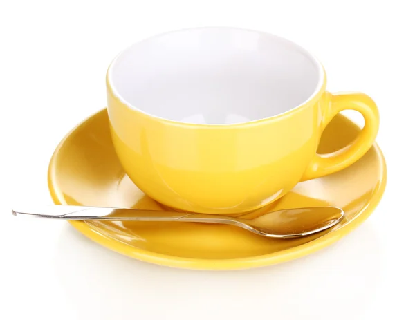 Taza amarilla y platillo aislados en blanco — Foto de Stock