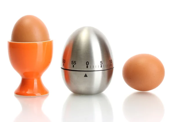 Egg timer and egg in orange stand isolated on white — Stock Photo, Image