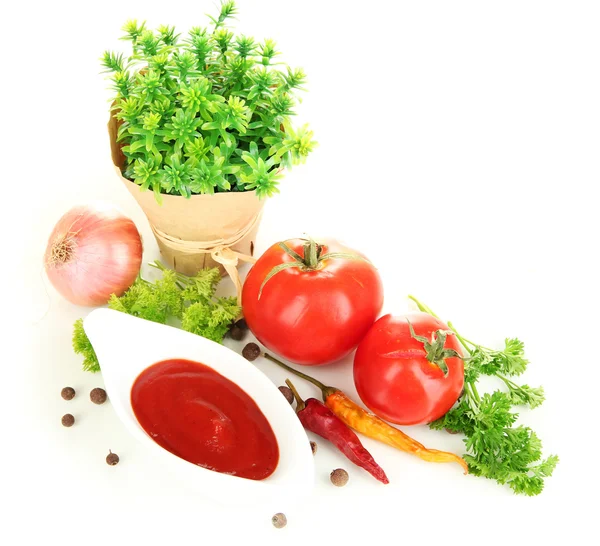 Still life tomatoes ketchup and herbs isolated on white — Stock Photo, Image