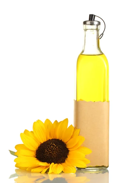 Oil in bottle and sunflower, isolated on white — Stock Photo, Image