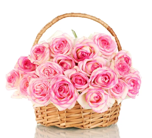 Beautiful bouquet of pink roses in basket, isolated on white — Stock Photo, Image