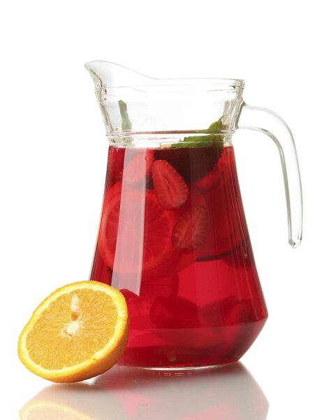 sangria in jar with orange, isolated on white