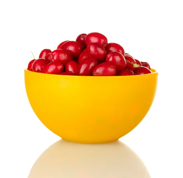 Fresh cornel berries in yellow bowl isolated on white — Stock Photo, Image