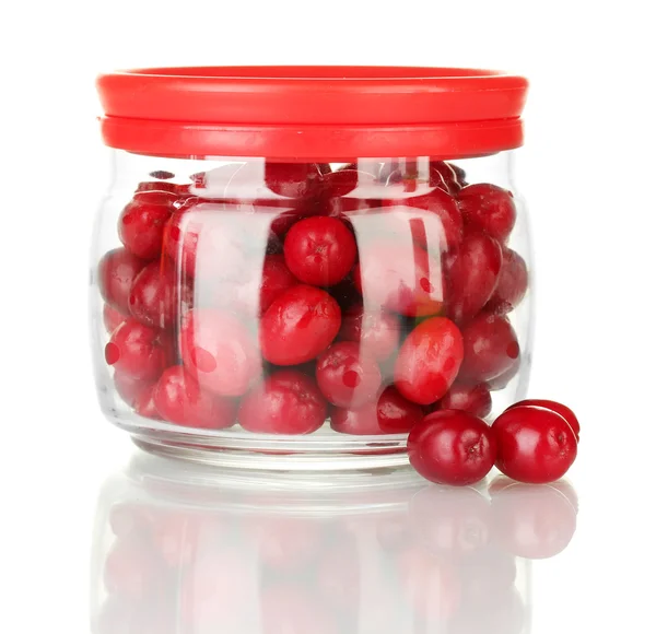 Fresh cornel berries in glass jar isolated on white — Stock Photo, Image