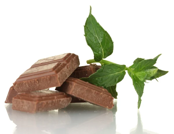 Pedazos de chocolate y menta aislados en blanco —  Fotos de Stock