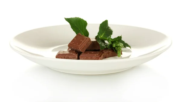 Pieces of chocolate and mint on the plate isolated on white — Stock Photo, Image