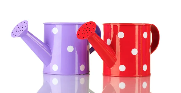 Purple and red watering cans with white polka-dot isolated on white — Stock Photo, Image