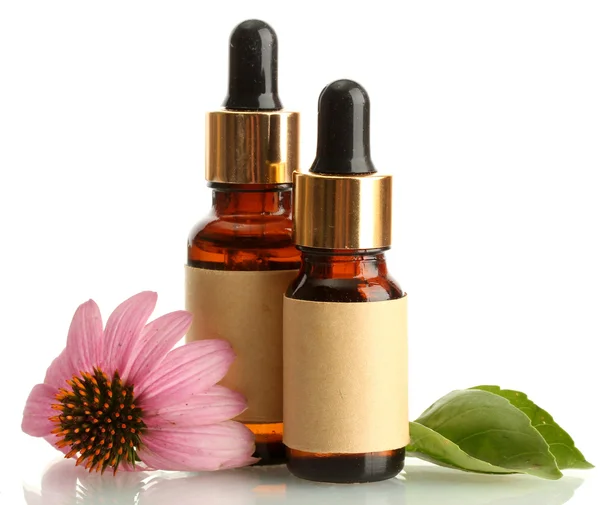 Bottiglie con olio essenziale con echinacea viola, isolate su bianco — Foto Stock