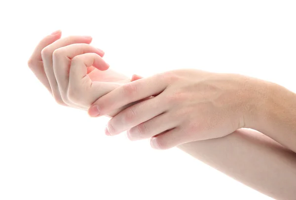 One woman hand massaged other, isolated on white — Stock Photo, Image