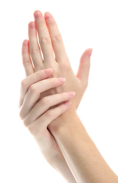 One woman hand massaged other, isolated on white — Stock Photo, Image