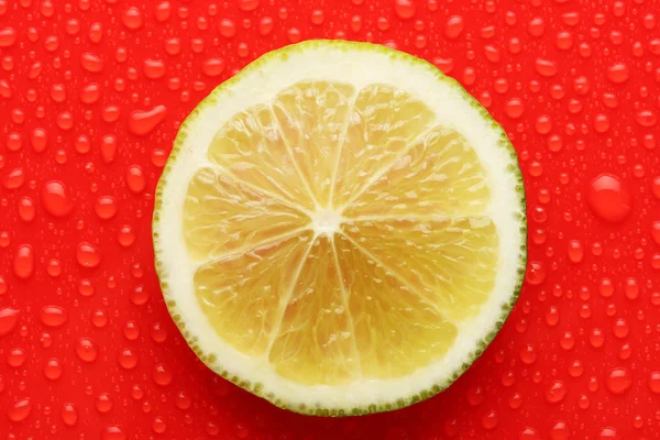 Tranche de citron avec une goutte sur fond rouge — Photo