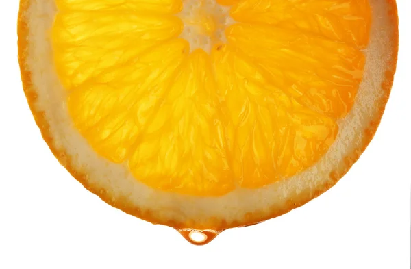 Slice of orange with drop, isolated on white — Stock Photo, Image