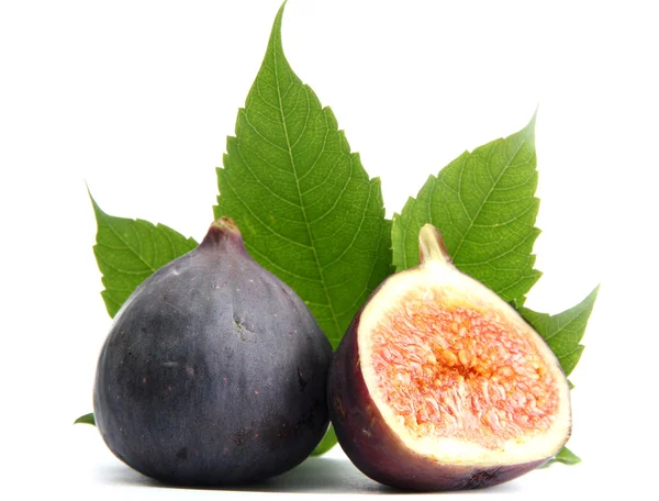 Ripe sweet figs with leaves isolated on white — Stock Photo, Image