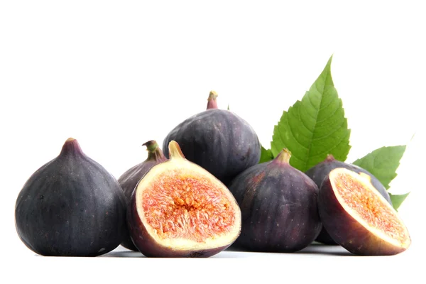 Ripe sweet figs with leaves isolated on white — Stock Photo, Image