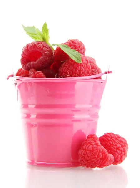 Beautiful raspberries in bucket isolated on white — Stock Photo, Image