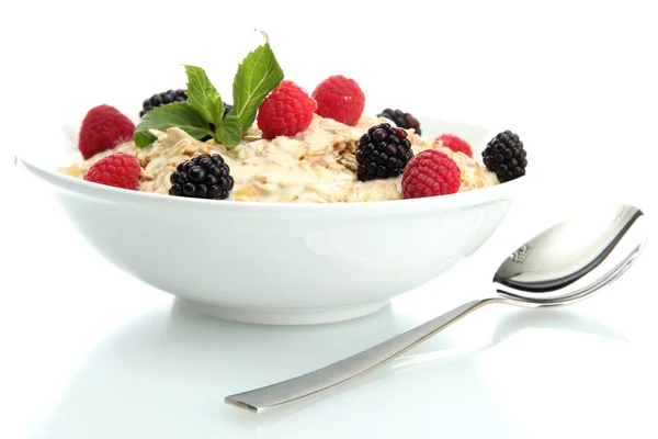 Tasty oatmeal with berries, isolated on white — Stock Photo, Image