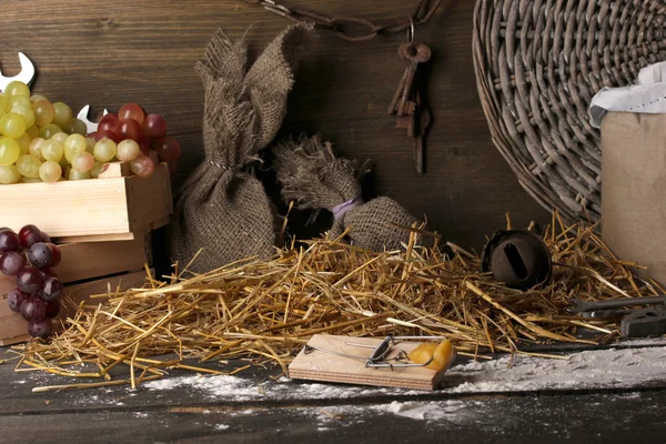Mousetrap with a piece of cheese in barn on wooden background Royalty Free Stock Images