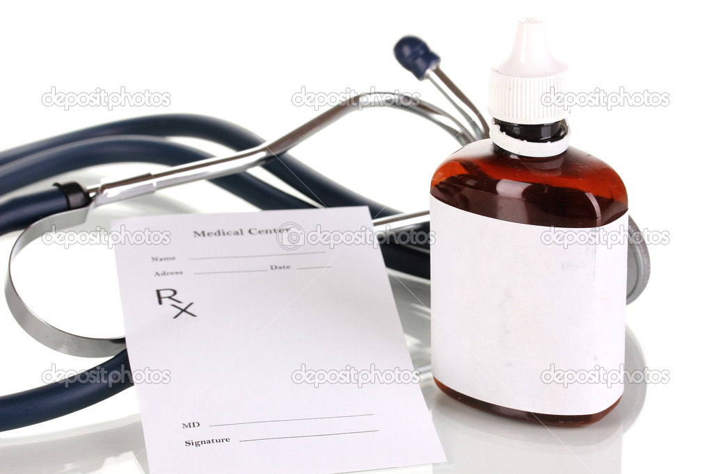 Pharmacist prescription with drops isolated on white