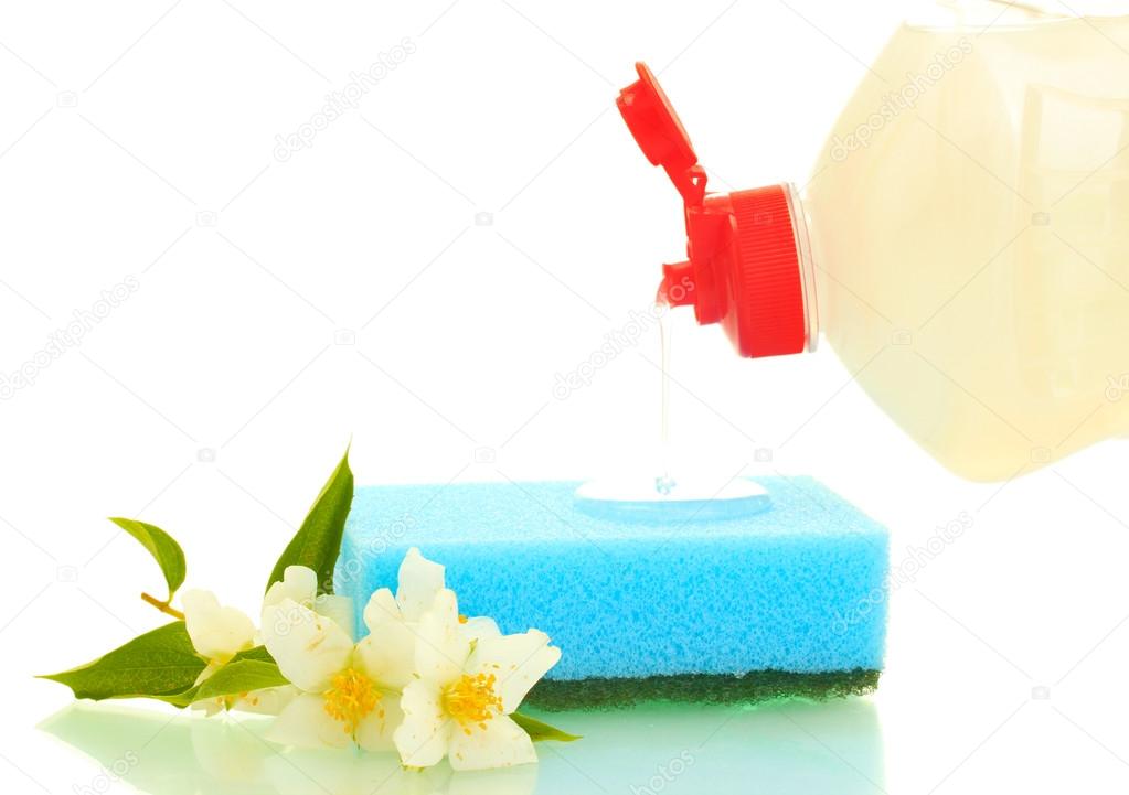 bright sponge and flowers with dish washing liquid isolated on white
