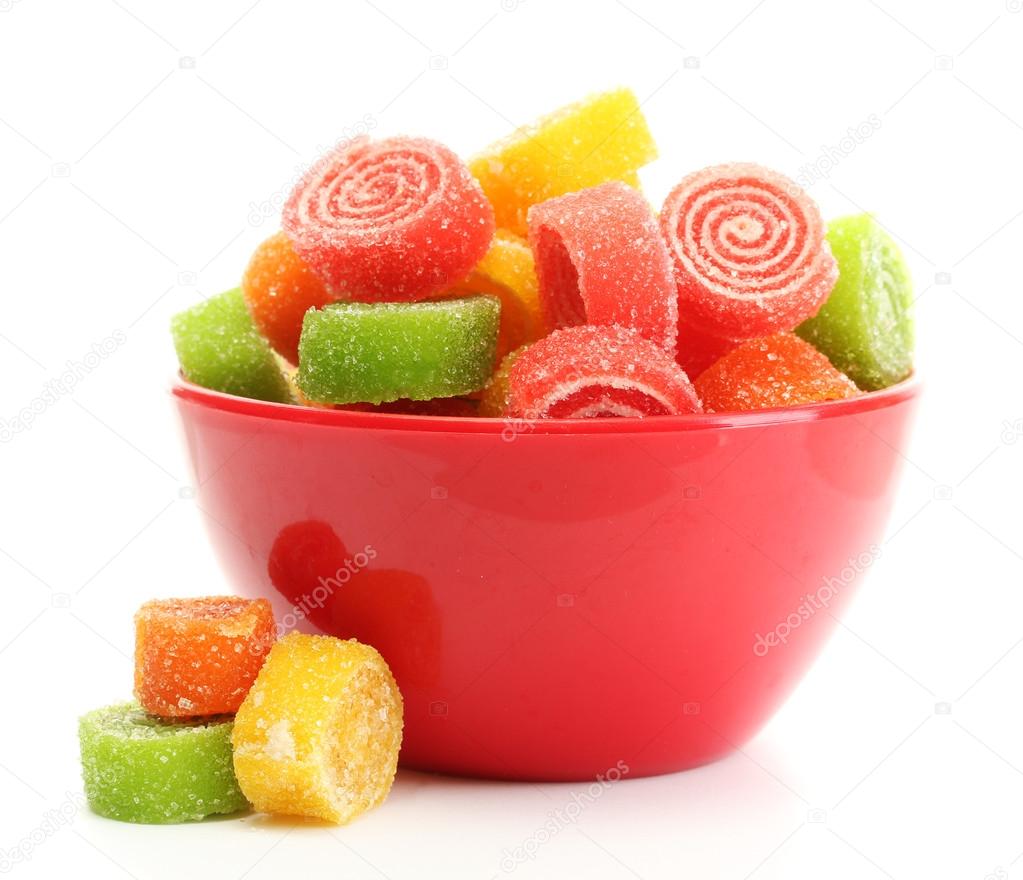 colorful jelly candies in bowl isolated on white