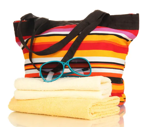 Beach bag with accessories isolated on white — Stock Photo, Image