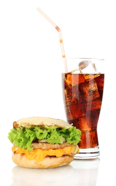 Ízletes szendvics és cola, elszigetelt fehér üveg — Stock Fotó