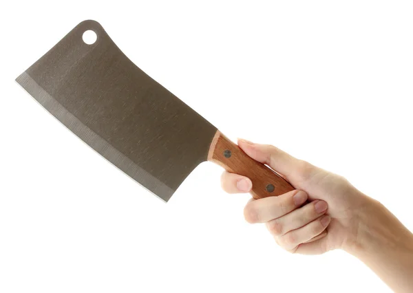 Woman's hand holds a meat cleaver on white background close-up — ストック写真