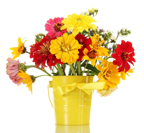 Bouquet of beautiful summer flowers in bucket, isolated on white — Stock Photo, Image