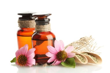 ilaç şişeleri üzerinde beyaz izole mor Ekinezya ile