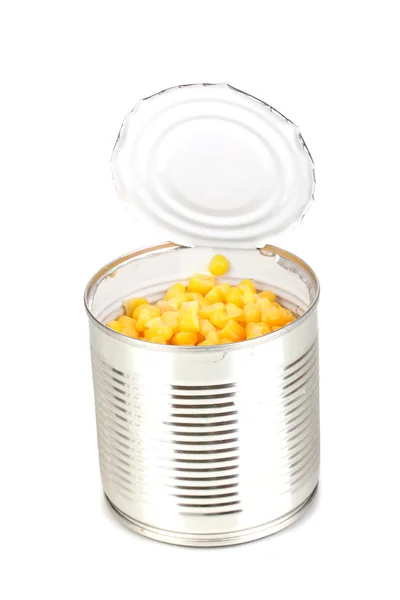 Open tin can of corn isolated on white — Stock Photo, Image