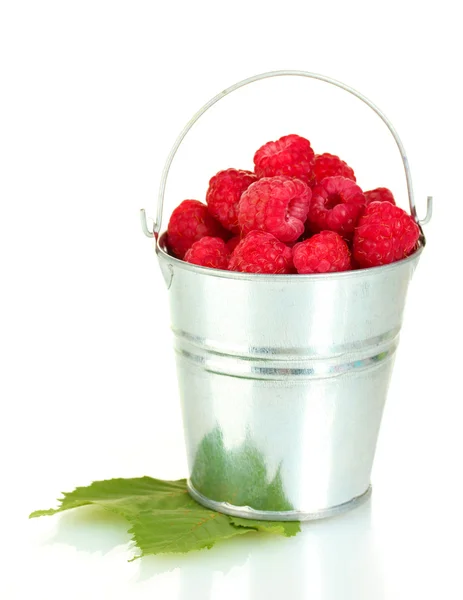 Fresh raspberries in silver bucket isolated on white — Stock Photo, Image