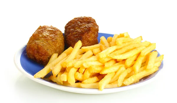 Patatas fritas con hamburguesas en el plato aislado en primer plano blanco — Foto de Stock