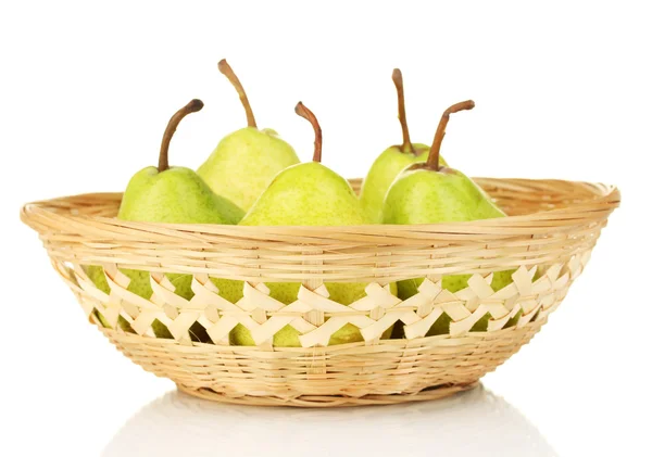Ripe pears in wicker basket isolated on white — Stock Photo, Image