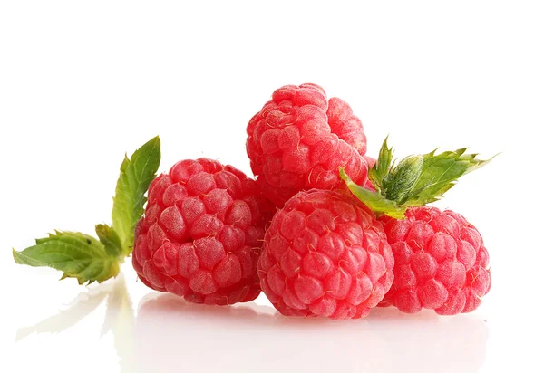 Ripe raspberries with mint isolated on white — Stock Photo, Image