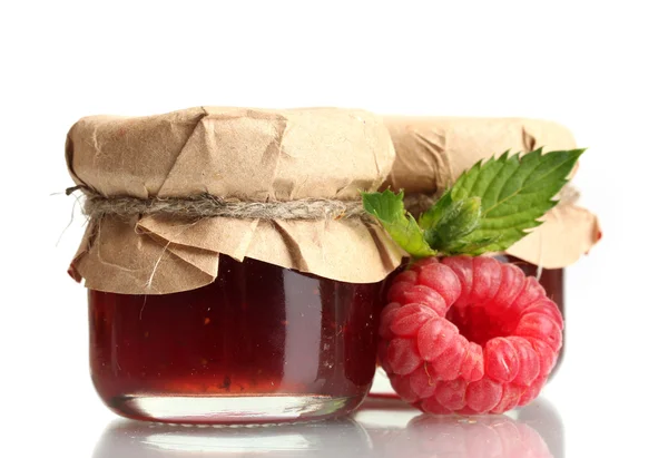 Jars with jam and ripe raspberry with mint isolated on white — Stock Photo, Image