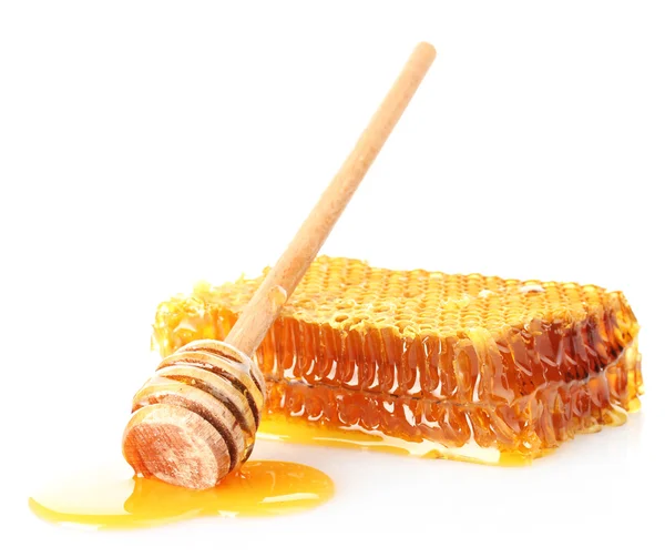 Rayon de miel doux et drizzler en bois, isolé sur blanc — Photo