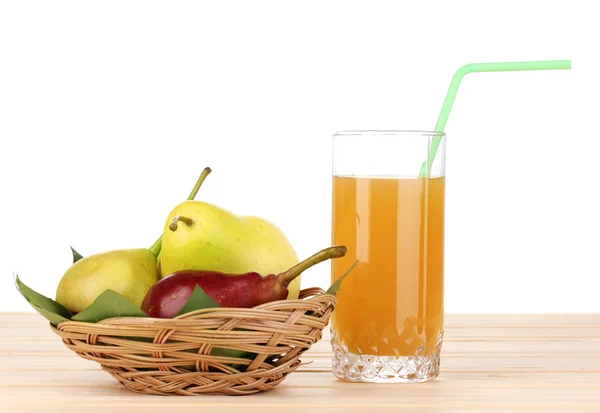 Pear juice with pears on wooden table on white background — Stock Photo, Image