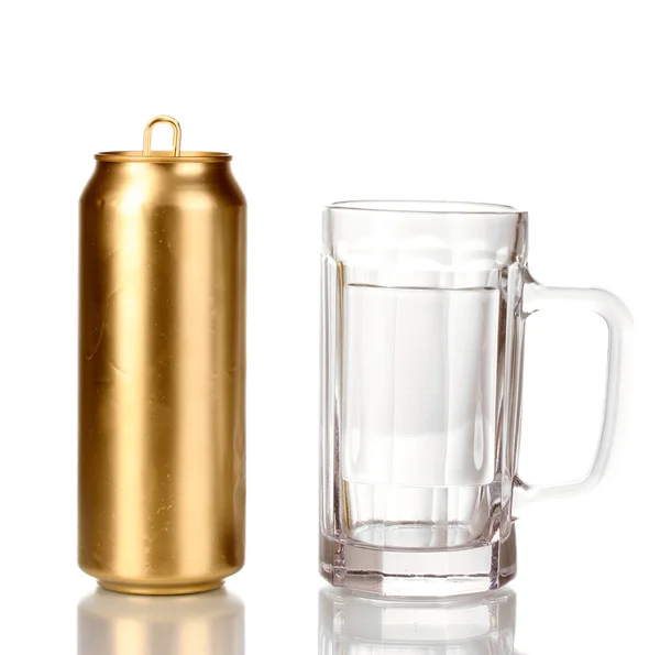 Open golden can and beer glass isolated on white — Stock Photo, Image