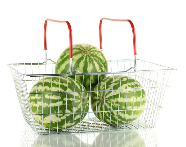 Ripe watermelon in metal basket isolated on white — Stock Photo, Image