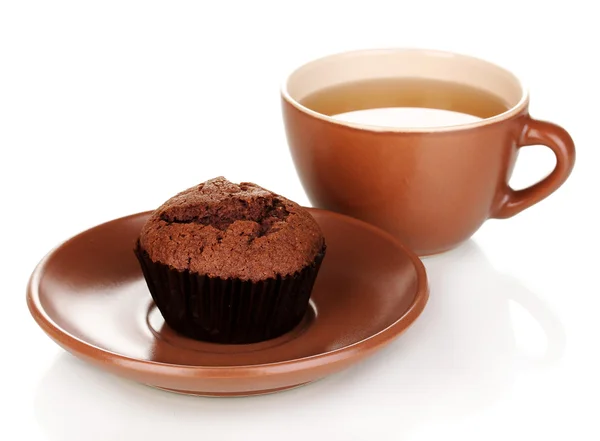 Fresh muffin with tea isolated on white — Stockfoto