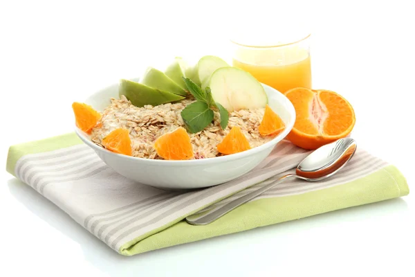 Tasty oatmeal with orange and apple, isolated on white — Stock Photo, Image