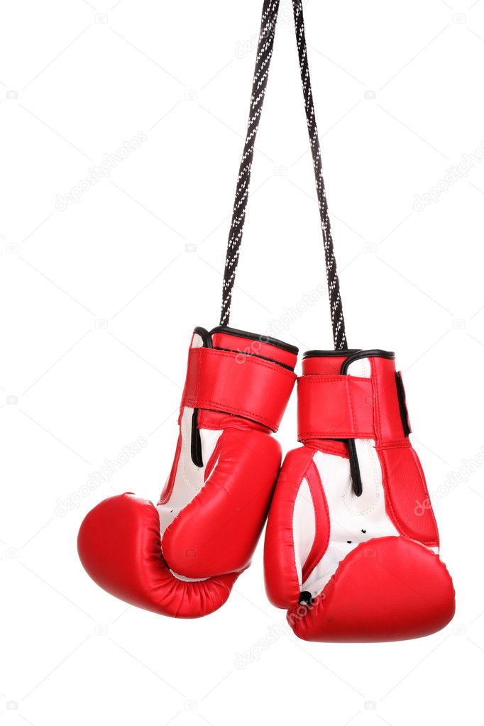 Red boxing gloves hanging isolated on white — Stock Photo © belchonock