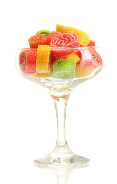 colorful jelly candies in in cocktail glass isolated on white