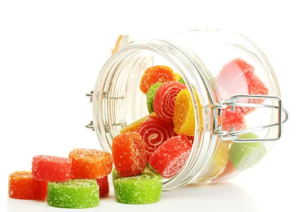 Colorful jelly candies in glass jar isolated on white — Stock Photo, Image